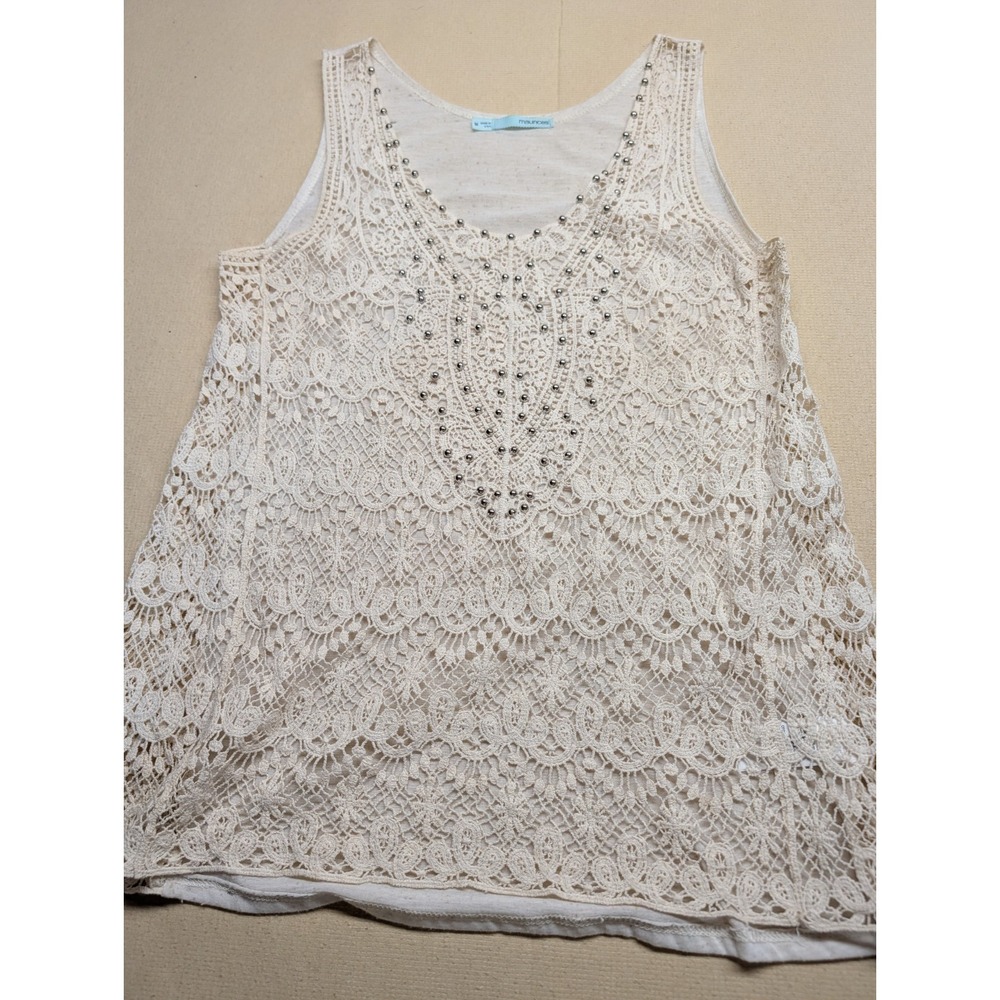 Maurice's Women's T Shirt Size Medium Beige Sleeveless Beaded Lacy Front